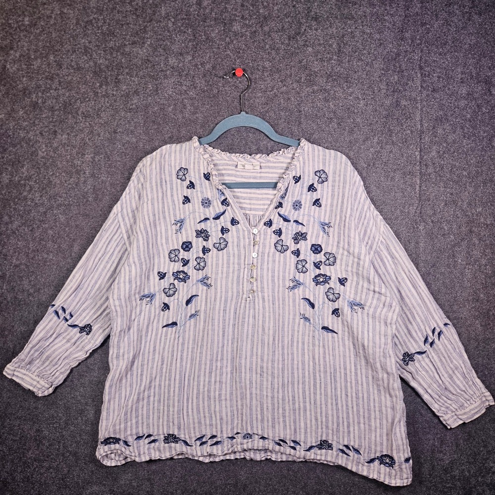 J.Jill Love Linen Womens Blue Striped Linen Floral Butterfly Henley Size Large